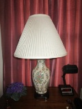 Ceramic Cream/Rose/Vine Motif Lamps Wide Body, Narrow Neck w/ Wood Base