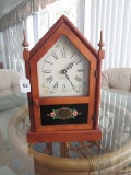 Wooden Seth Thomas Mantle Clock, Spindle Finials, Floral Motif Face/Front