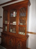 Mahogany Wood China Cabinet, Block-Cut Trim, Arched Window Tops, 2 Lattice Windows