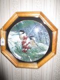 Ceramic Plate w/ Winter Bird/Holly Scene in Wood Hexagonal Frame/Matt