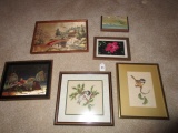 Lot - Small Pictures, Stitch Art Chick-A-Dees on Branches, Iridescent Fish
