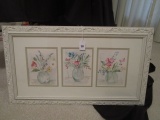 3 Flowers in Vases Print in Ornate White Wood Frame/Matt