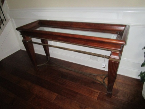 Wooden Entry Table, Scalloped Narrow-To-Wide Columns, Metal Carved Stretches, Glass Top