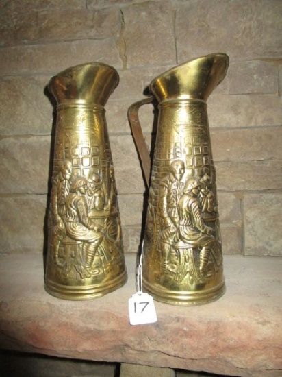 Pair - Brass Pitchers w/ German Printing Scene Design