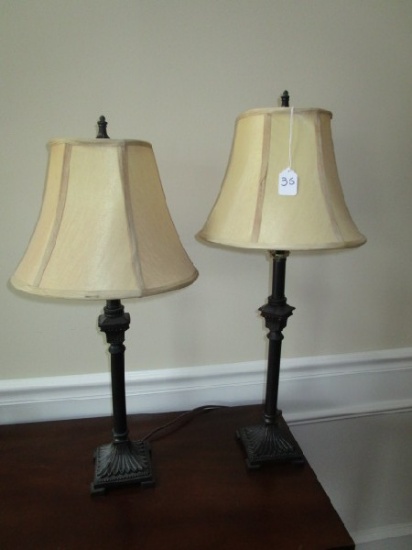 Pair - Metal Floral Base Desk Lamps, Column Body Column/Bead Trim Tops w/ Shades