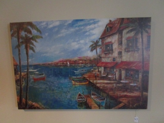 Oil on Canvas Dock Scene Print on Wood Frame, Artist Signed Ruane Manning