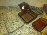 Lot - Vision France Bowl w/ Lid, Amber Glass Baking Trays, Various Sizes