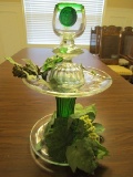 2-Tier Glass Décor Art Glass w/ Green Glass Coin Finial Top, Faux Flowers, Column Stand