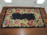 Red Floral/Green Leaf, Black Floor Rug