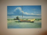 Boat on Beach Oil on Canvas Scene Print on Wood Frame Artist Signed M. Peter