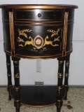 Black Wood Side Table Gilted Trim, Spindle Legs, Grecian/Wheat Motif Front