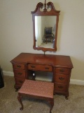 Mid-Century Modern Dresser/Vanity 7 Drawers w/ Attached Mirror, Brass Batwing Pulls