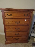 Pine Wood 5-Drawer Chest Standing Black Metal Pulls, Arched Skirt, Bracket Feet