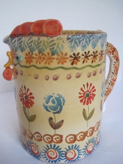 Novelty Italian Clay Chicken Figural Pitcher w/ Hand Painted Flowers/Foliate Design
