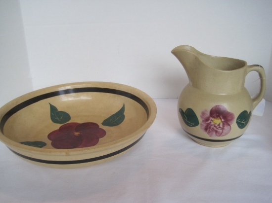 Lot - Vintage Watt Pottery Pitcher & Bow Red Flower/Foliage Pattern