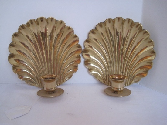 Pair - Brass Scalloped Shell Design Candle Wall Sconces