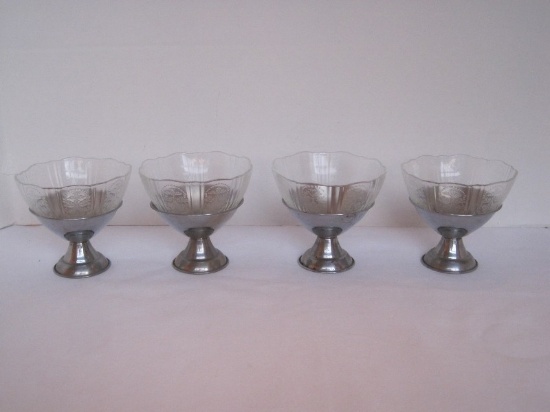 Set - 4 Depression Glass Pattern Clear Bowl Inserts w/ Chromium Cup Base Stand