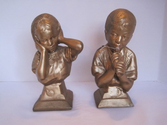 Pair - Vintage Plaster Statuettes Boy Playing Flute/Girl Covering Ears
