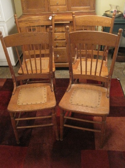 Set - 4 Antique Oak Spindle Back Chairs w/ Traditional Embossed Design Seat & Brass Tack Trim