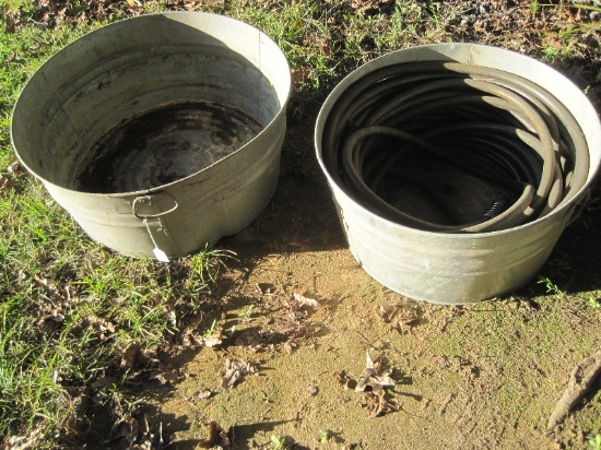 2 Galvanized Tubs, 1 is 15 Gallon Other Larger & Hose Pipe