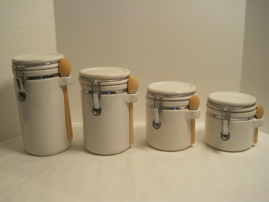 Set - 4 White Wire Lock Tight Canisters w/ Wooden Spoons