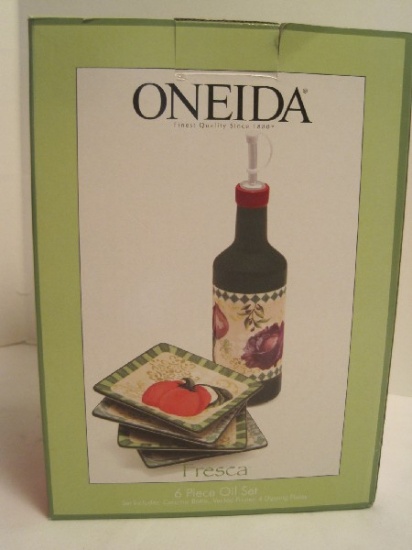 Oneida 6 Piece - Oil Set Ceramic Bottle, Vented Pourer, 4 Dipping Plates