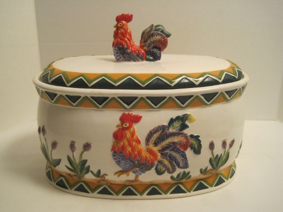 Large Ceramic Embossed Vibrant Rooster & Flowering Plants Design Oblong Canister