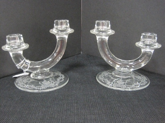 Fostoria Glass Step Duo Etched Romance Pattern Double Candle Sticks