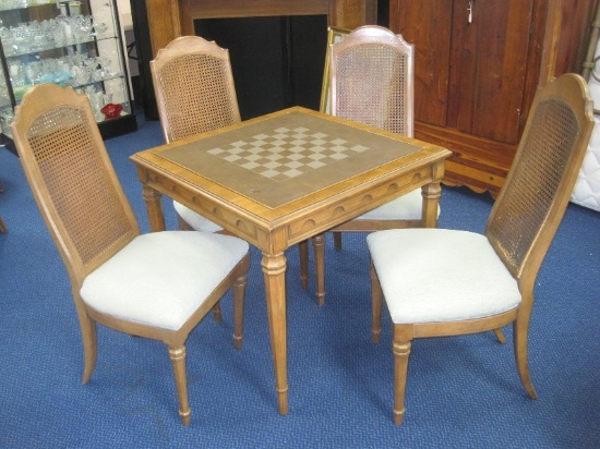 Drexel Furniture French Inspired Reversible Top Game Table w/ 4 Matching Cane Back Chairs