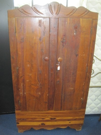 Early Cedar Double Door Wardrobe w/ Carved Bonnet