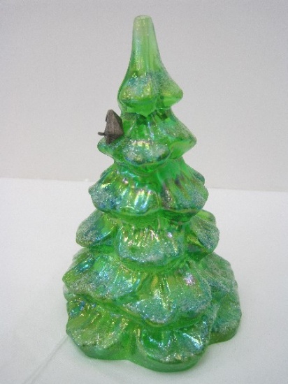 Fenton Art Glass Fern Green Christmas Tree w/ Bird House & Glitter Dusted Branches