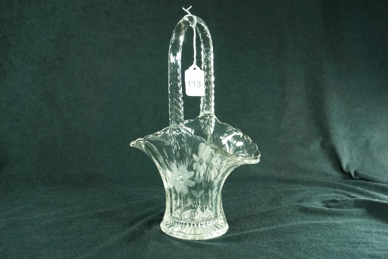 1950's Duncan Miller Glass Etched Floral Basket w/ Applied Handle