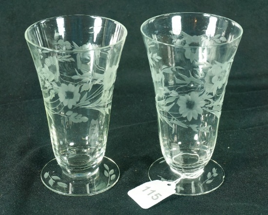 Pair - Susquehanna Crystal "Salina" Etched Floral Optic Iced Tea Tumbler