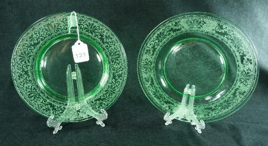 Set - 2 1920's Fostoria Glass "Royal" Green Luncheon Plates Etched