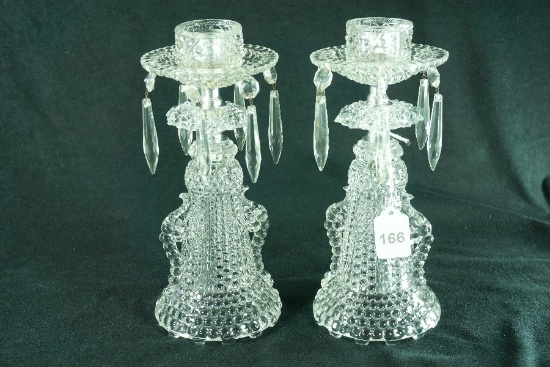 Pair - Vintage "Thousand Eye" Single Light Candlesticks w/ Prisms