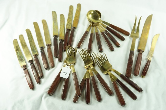 29 Pieces - Vintage Gold tone Flatware w/ Wood Tone Handles