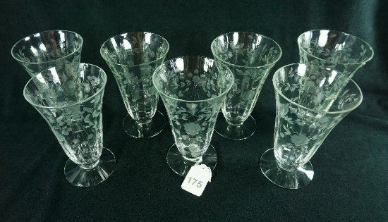Set - 7 Depression Era Optic Bowl Cut & Etched Floral Water Tumblers