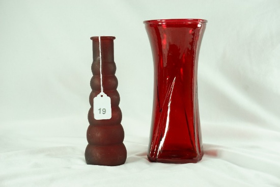 Pair - Anchor Hocking "Whirly Twirly" Bud Vase & Red Flash Art Deco Vase