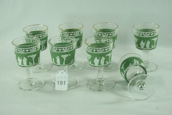 Set - 8 1950's Jeannette Glass "Hellenic" Green "Jasperware" Wine Glasses