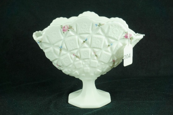 Westmoreland Glass "Old Lace" Hand Painted Milk Glass Fan Vase
