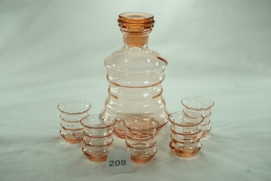 Depression Era Pink Optic Aperitif Decanter & Glasses Set