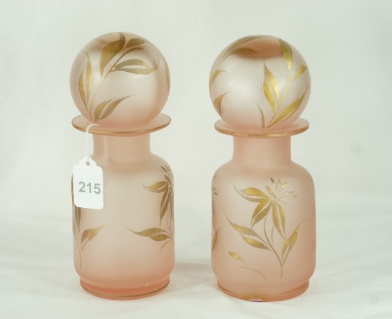 Pair - 1940's Italian Pink Satin Glass Vanity Boudoir Decanters