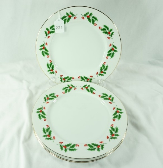 Set - 4 Fine China "Holly" Christmas Themed Dinner Plates