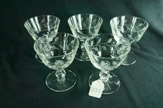 Set - 4 1950's Libbey Glass "Laurel Classic" Etched Ball Stem Champagne Goblet