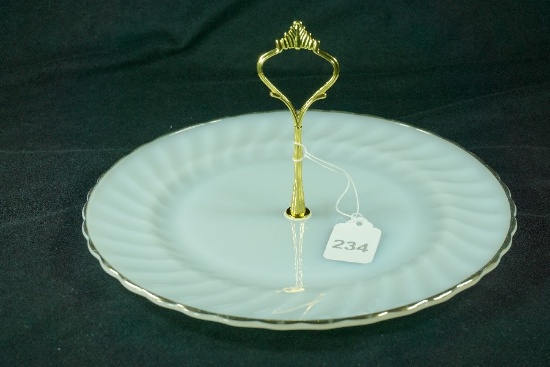 1970's Anchor Hocking "Swirl Golden Shell" Milk Glass Cake/Cookie Hostess Tidbit Serving Tray