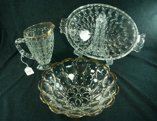 3 Pieces - 1940's Jeannette Glass "Thumbprint" Serving Tray, Bowl & Pitcher