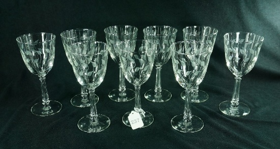 Set - 9 1950's Libbey Glass "Crystal Leaf" Etched Cut Water Goblets