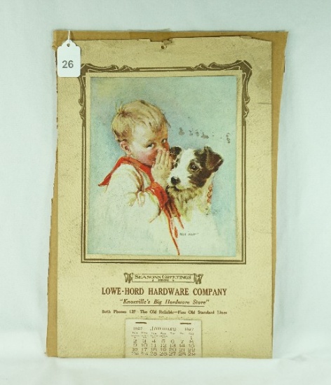1927 Advertising Calendar "Lowe-Hord Hardware CO Knoxville, TN"