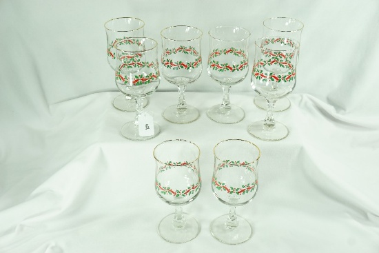1970's Libbey/Rocke Sharpe Glass "Holly" Christmas Water Goblets