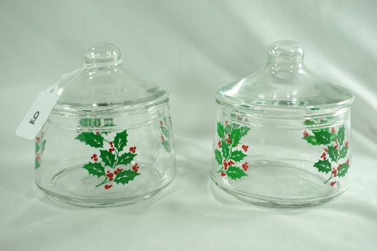 Pair - 1970's Indiana Glass "Holly" Candy Jars w/ Lids